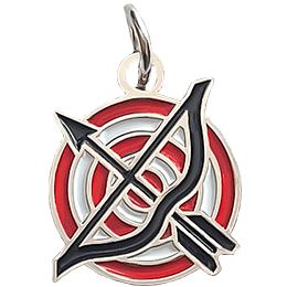 A red and white ringed target with a bow and arrow in front of it.