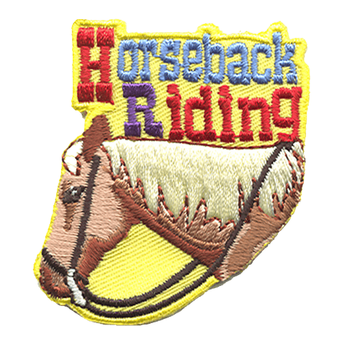 The words Horseback Riding on a light yellow background with a horse wearing reins below.