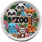 Cute animals such as pandas, a giraffe, an elephant and monkeys around the word Zoo.