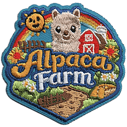 The words Alpaca Farm surrounded by a red barn, dirt path and a smiling sun.