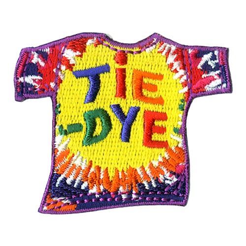 A purple, white, pink, blue and yellow tie-dye shirt with the word Tie-Dye in the center.