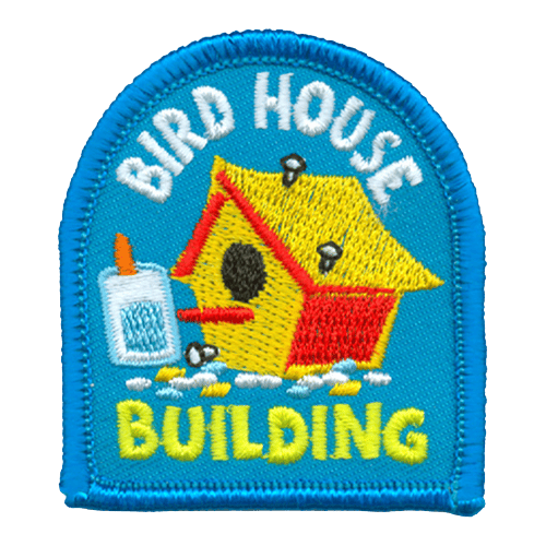A red and yellow birdhouse with nails sticking out of it next to a glue bottle. The words Bird House Building are above it.