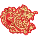 A gold Chinese Lung dragon on a red background.