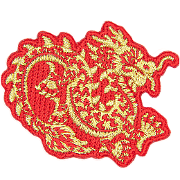 A gold Chinese Lung dragon on a red background.