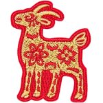 A gold goat with a red outline and floral details on its body.