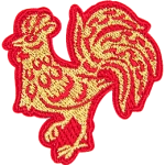 A gold rooster with a red outline and floral details on its body.