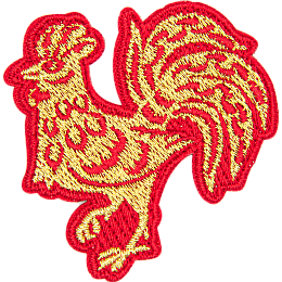 A gold rooster with a red outline and floral details on its body.