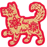 A gold dog in a red outline and detailing.