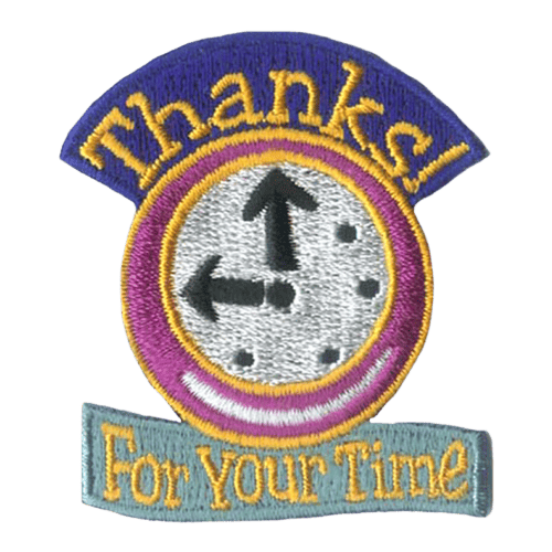 A pink clock that reads 10 o'clock. The words Thanks For Your Time are stitched above and below.