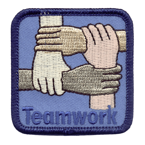 Blue background with multi-coloured arms holding each other above the work Teamwork.