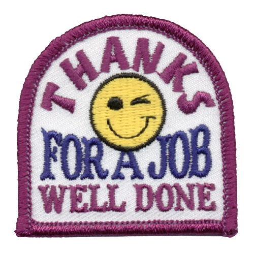 A smiling emoji winks as it's surrounded by the text Thanks For A Job Well Done.