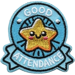 A smiling star inside a blue ribbon with the word Attendance on the bottom.