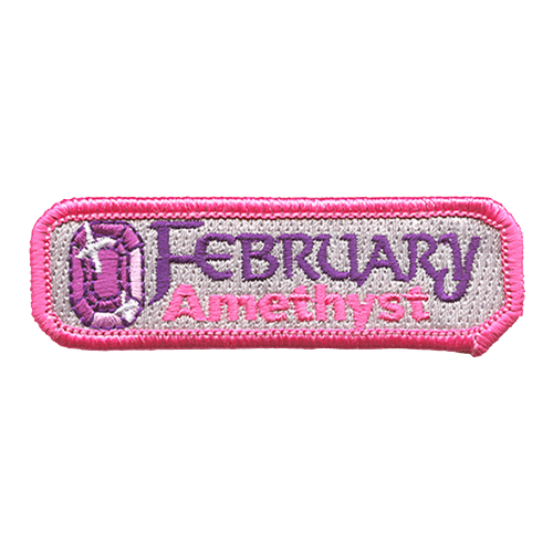 A pink amethyst next to the words February and Amethyst.