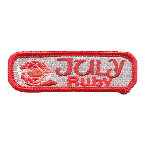 A red ruby sits next to the words July Ruby.