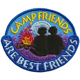 Two friends sit next to a campfire. Text around the crest says Camp Friends Are Best Friends.