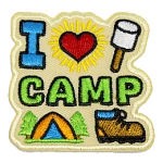 The words I love Camp are above a tent and hiking boot. The word Love is a heart.