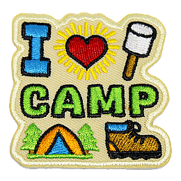 The words I love Camp are above a tent and hiking boot. The word Love is a heart.