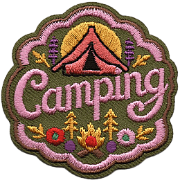 A pink tent above the word Camping and a small campfire.