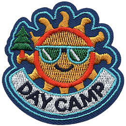 A sun with glasses, holding a tree, above the words Day Camp.