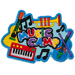 The words Music Camp are surrounded by music notes, a guitar, a trumpet, a keyboard and a violin.