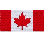 The Canadian flag. Two red stripes on either side of a white stripe. A red maple leaf is in the centre of the white stripe.