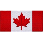 The Canadian flag. Two red stripes on either side of a white stripe. A red maple leaf is in the centre of the white stripe.