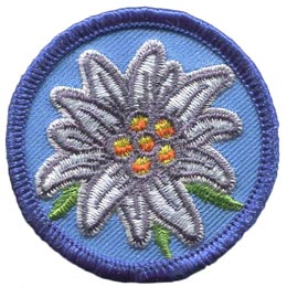 An edelweiss flower on a blue, circular background.