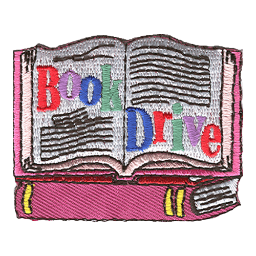 A pink book is stacked on top of another pink book, with the words Book Drive printed on the pages.