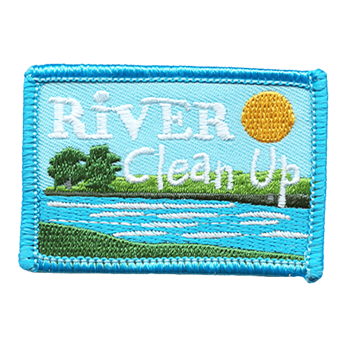 A blue patch with a yellow sun, clean river and green river banks with trees. The text is white, saying River Clean Up.