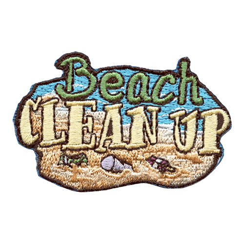 The words Beach Clean Up are in front of a beach with litter on it.
