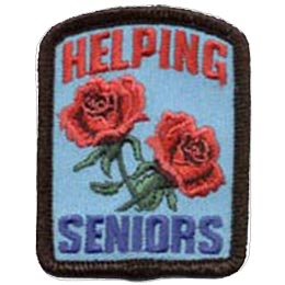 Two blooming roses decorate the center of this patch with the words Helping Seniors written in blue and red text above and below.