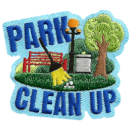 A broom is sweeping the grass in front of a red bench and tree. The text Park Clean Up is on the top and bottom.