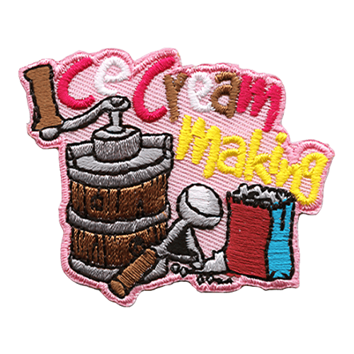 An old-fashioned ice cream maker with a scoop and a bag. The words Ice Cream Making are stitched above.