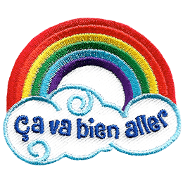 A rainbow arches over a cloud with the words Ça va bien aller inside.