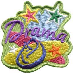 The word Drama is surrounded by spotlights, shooting stars, and a performance mask.