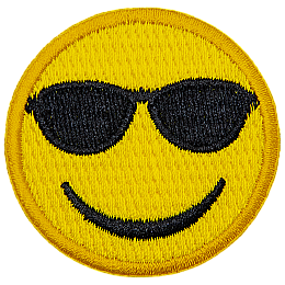 A yellow circle forms a smiley face with sunglasses and a big U-shaped smile.