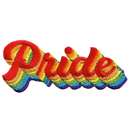 The word Pride is written in red, layered on top of the same text in the colours of the rainbow.