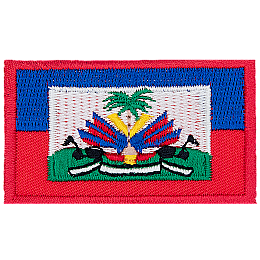 A red and blue flag with a coat of arms in the center.