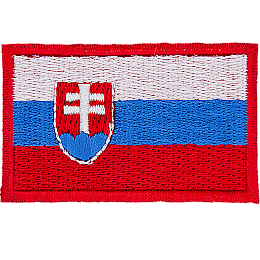 A tricoloured flag; white, blue and red. There's a coat of arms on the left with a double-cross.