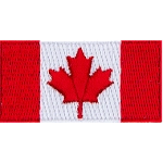 The Canadian flag. Two red stripes on either side of a white stripe. A red maple leaf is in the centre of the white stripe.
