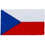 Two equal horizontal bands of white (top) and red with a blue isosceles triangle based on the hoist (left) side.