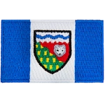 This flag is composed of three vertical bars, two blue outer bars and a white center bar. The Northwest Territories shield is in the center of the flag.