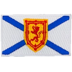 This white flag has two blue bars crossing in an X through the center of the flag. Also in the center is a yellow shield displaying a red lion.