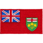 This rectangular patch features a bright red background. In the top left quarter sits the blue and red Union Jack. Near the bottom right of the flag is the provincial shield of Ontario.