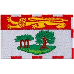This flag consists of horizontal stripes of red and white bearing a golden lion on the red stripe and three oak trees on the white stripe.