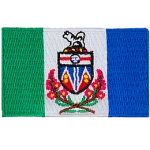Three coloured bars from the left to the right: green, white, and blue. Yukon's provincial shield and flowers decorates the center of the flag.