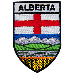 The Alberta flag with the word Alberta above it. 