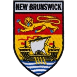 This shield-shaped crest is broken up into three horizontal parts. At the top are the words New Brunswick and underneath it is the NB flag (consisting of a gold lion on a red background and a ship on a gold background).