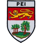 The Prince Edward Island provincial flag with the letters PEI above it in the shape of a shield.