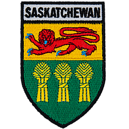 The word Saskatchewan is above the Saskatchewan provincial flag in the shape of a shield. 